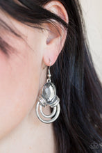 Load image into Gallery viewer, Shimmery silver hoops radiate from the bottom of a dramatic gem fitting, coalescing into a regal frame. Earring attaches to a standard fishhook fitting.  Sold as one pair of earrings.  Always nickel and lead free.