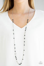 Load image into Gallery viewer,   A collection of shiny black beads, twisting silver hoops, and faceted silver beads trickle along an asymmetrical silver chain for a refined look. Features an adjustable clasp closure.  Sold as one individual necklace. Includes one pair of matching earrings. Always nickel and lead free.