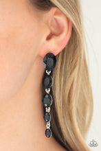 Load image into Gallery viewer, Gradually decreasing in size, glittery black gems trickle from the ear in a glamorous fashion. Earring attaches to a standard post fitting.  Sold as one pair of post earrings.   Always nickel and lead free. 