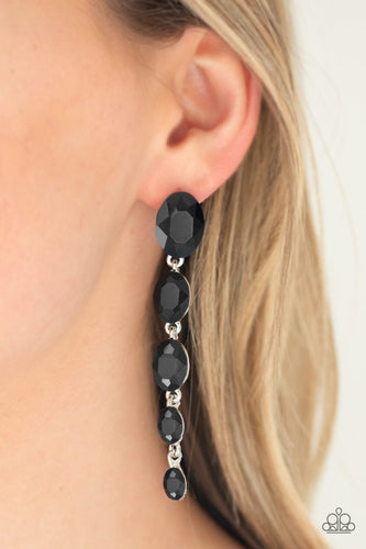 Gradually decreasing in size, glittery black gems trickle from the ear in a glamorous fashion. Earring attaches to a standard post fitting.  Sold as one pair of post earrings.   Always nickel and lead free. 