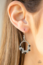 Load image into Gallery viewer, A collection of dainty white rhinestones and shiny black beads are encrusted along the bottom of a studded silver hoop, creating a sparkling piece. Earring attaches to a standard fishhook fitting.  Sold as one pair of earrings.    Always nickel and lead free.