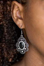 Load image into Gallery viewer, Radiating with studded detail, antiqued silver petals flare from a white and black rhinestone encrusted center for a regal look. Earring attaches to a standard fishhook fitting.  Sold as one pair of earrings.  Always nickel and lead free.