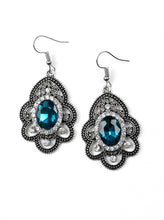 Load image into Gallery viewer, Radiating with studded detail, antiqued silver petals flare from a white and blue rhinestone encrusted center for a regal look. Earring attaches to a standard fishhook fitting. Sold as one pair of earrings.