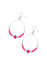 Load image into Gallery viewer, Dainty pink and silver beads slide along the bottom of a silver wire hoop for a seasonal flair. Earring attaches to a standard fishhook fitting.  Sold as one pair of earrings.