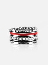 Load image into Gallery viewer, A shiny red strip of color runs along the bottom of a row of glassy white rhinestones. Infused with silver textures, the mismatched details coalesce into one thick band across the finger. Features a stretchy band for a flexible fit.  Sold as one individual ring.  Always nickel and lead free.