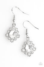 Load image into Gallery viewer, Dainty white rhinestones dance around a shimmery white teardrop.