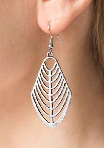 Brushed in an antiqued shimmer, glistening silver bars arc across an abstract frame for a tribal inspired look. Earring attaches to a standard fishhook fitting.  Sold as one pair of earrings.