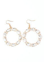 Load image into Gallery viewer, Glittery white rhinestones and white teardrop gems circle into a sparkling hoop for a glamorous look. Earring attaches to a standard fishhook fitting.  Sold as one pair of earrings.  