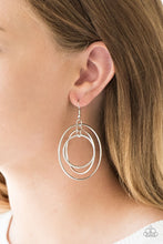 Load image into Gallery viewer, Smooth and serrated silver hoops trickle from the ear, linking into a dizzying lure. Earring attaches to a standard fishhook fitting.  Sold as one pair of earrings.  Always nickel and lead free.