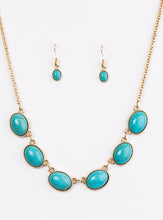 Load image into Gallery viewer, Smooth turquoise stones are pressed into shimmery gold frames, creating a natural and earthy look below the collar. Features an adjustable clasp closure.  Sold as one individual necklace. Includes one pair of matching earrings.