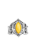 Load image into Gallery viewer, Featuring a marquise shape, a hearty yellow bead is pressed into a shimmery silver band radiating with vine-like filigree for a whimsical look. Features a stretchy band for a flexible fit. Sold as one individual ring.