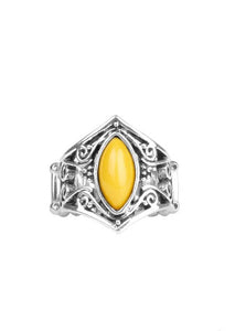 Featuring a marquise shape, a hearty yellow bead is pressed into a shimmery silver band radiating with vine-like filigree for a whimsical look. Features a stretchy band for a flexible fit. Sold as one individual ring.