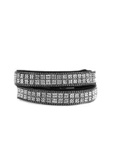 Load image into Gallery viewer, Infused with dainty gunmetal ball chain, glittery hematite rhinestones are sprinkled across a black suede band in a cube like pattern for an edgy look. The elongated band allows for a trendy double wrap design. Features an adjustable snap closure.  Sold as one individual bracelet.  Always nickel and lead free.