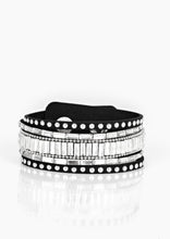 Load image into Gallery viewer, Shiny silver studs, dainty silver ball chains, and edgy white emerald-cut rhinestones race along a spliced black suede band for a rock star look. Features an adjustable snap closure. Sold as one individual bracelet.