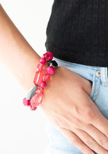 Load image into Gallery viewer, Mismatched gunmetal, polished pink, and crystal-like beads are threaded along interlocking stretchy bands for a whimsical look.  Sold as one individual bracelet.  