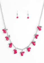 Load image into Gallery viewer, Varying in shape and size, shiny silver beads and vivacious pink stone beading swing from the bottom of a shimmery silver chain, creating a colorful fringe below the collar. Features an adjustable clasp closure.  Sold as one individual necklace. Includes one pair of matching earrings.