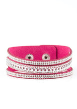 Load image into Gallery viewer, Rows of glassy white rhinestones and a shimmery silver chain are encrusted along vibrant pink suede bands for a sassy look. Features an adjustable snap closure.  Sold as one individual bracelet.