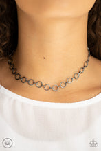 Load image into Gallery viewer, Dainty gunmetal rings link around the neck for a minimalist inspired shimmer. Features an adjustable clasp closure.  Sold as one individual choker necklace. Includes one pair of matching earrings.  Always nickel and lead free.