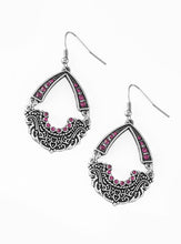 Load image into Gallery viewer, Encrusted in dazzling pink rhinestones, an arcing silver frame links with an ornate silver frame radiating with filigree filled details for a refined look. Earring attaches to a standard fishhook fitting.  Sold as one pair of earrings.