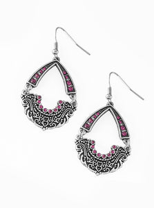 Encrusted in dazzling pink rhinestones, an arcing silver frame links with an ornate silver frame radiating with filigree filled details for a refined look. Earring attaches to a standard fishhook fitting.  Sold as one pair of earrings.