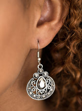 Load image into Gallery viewer, Featuring a regal teardrop cut, a glittery hematite rhinestone is pressed into an ornate silver frame radiating with glittery hematite rhinestones for a refined look. Earring attaches to a standard fishhook fitting.  Sold as one pair of earrings.