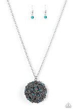 Load image into Gallery viewer, Leafy silver rosebuds coalesce into a dramatic 3-dimensional pendant. Blue rhinestones are sprinkled across the front of the vintage inspired pendant for a regal finish. Features an adjustable clasp closure. Sold as one individual necklace. Includes one pair of matching earrings.