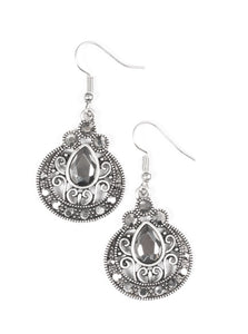 Featuring a regal teardrop cut, a glittery hematite rhinestone is pressed into an ornate silver frame radiating with glittery hematite rhinestones for a refined look. Earring attaches to a standard fishhook fitting.  Sold as one pair of earrings.