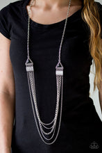Load image into Gallery viewer, Mismatched silver chains stream from the bottom of ornate silver frames, creating edgy layers down the chest. Featuring triangular shapes, faceted black beads are pressed into studded silver frames, creating tribal inspired accents. Features an adjustable clasp closure.  Sold as one individual necklace. Includes one pair of matching earrings.  Always nickel and lead free.