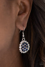 Load image into Gallery viewer, Dazzling white and blue rhinestones are encrusted across a round silver frame, creating a blinding palette. Earring attaches to a standard fishhook fitting.  Sold as one pair of earrings. Always nickel and lead free.