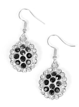 Load image into Gallery viewer, Dazzling white and black rhinestones are encrusted across a round silver frame, creating a blinding palette. Earring attaches to a standard fishhook fitting.  Sold as one pair of earrings.