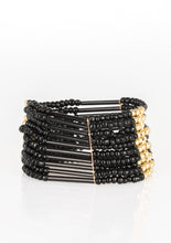 Load image into Gallery viewer, Joined together with metallic fittings, black seed beads are threaded along stretchy elastic bands. Sections of gold beads are sprinkled along the edgy layers, adding hints of shimmer to the seasonal palette.  Sold as one individual bracelet.