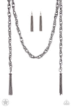 Load image into Gallery viewer, A single strand of spiraling, interlocking links with light-catching texture is anchored by two tassels of chain that add dramatic length to the piece. Undeniably the most versatile piece in Paparazzi&#39;s history, the scarf necklace features FIVE different ways to accessorize: Open Layer, Loop, Traditional Wrap, Double Knot, and Nautical Knot.  Sold as one individual necklace. Includes one pair of matching earrings.