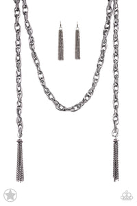 A single strand of spiraling, interlocking links with light-catching texture is anchored by two tassels of chain that add dramatic length to the piece. Undeniably the most versatile piece in Paparazzi's history, the scarf necklace features FIVE different ways to accessorize: Open Layer, Loop, Traditional Wrap, Double Knot, and Nautical Knot.  Sold as one individual necklace. Includes one pair of matching earrings.
