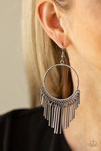 Load image into Gallery viewer, Dainty gunmetal rods swing from the bottom of a glistening gunmetal hoop, creating a tapered fringe. Earring attaches to a standard fishhook fitting.  Sold as one pair of earrings.