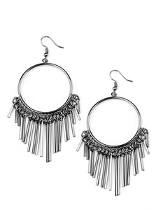 Dainty gunmetal rods swing from the bottom of a glistening gunmetal hoop, creating a tapered fringe. Earring attaches to a standard fishhook fitting.  Sold as one pair of earrings.