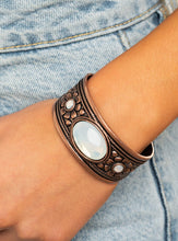 Load image into Gallery viewer, Embossed in whimsical floral and desert inspired details, a thick copper cuff is dotted in opalescent beads for an ethereal look around the wrist.  Sold as one individual bracelet.  Always nickel and lead free.