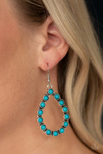 Load image into Gallery viewer, Dainty turquoise stone beads are encrusted along the front of a shimmery silver teardrop, creating a seasonal lure. Earring attaches to a standard fishhook fitting.  Sold as one pair of earrings.  Always nickel and lead free.