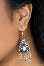 Load image into Gallery viewer, A neutral gray bead is pressed into a glistening silver teardrop dotted with studded textures. The colorful frame gives way to a silver beaded fringe for a whimsical finish. Earring attaches to a standard fishhook fitting.  Sold as one pair of earrings.  Always nickel and lead free.