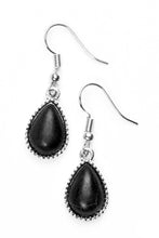 Load image into Gallery viewer, Chiseled into a tranquil teardrop, a polished black stone is pressed into a studded silver frame for a seasonal look. Earring attaches to a standard fishhook fitting.  Sold as one pair of earrings.