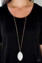 Load image into Gallery viewer, Chiseled into a tranquil almond-shape, an oversized white stone pendant swings from the bottom of a lengthened gold chain in a seasonal fashion. Features an adjustable clasp closure.  Sold as one individual necklace. Includes one pair of matching earrings.  Always nickel and lead free.