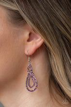 Load image into Gallery viewer, Encrusted in glittery purple rhinestones, ribbons of shimmery silver loop into an elegant lure for a timeless look. Earring attaches to a standard fishhook fitting.  Sold as one pair of earrings.  Always nickel and lead free. 