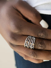 Load image into Gallery viewer, Delicately hammered in shimmer, dainty silver bars stack across the finger, coalescing into an airy band. Glittery rhinestones dot the bands for a refined finish. Features a stretchy band for a flexible fit.  Sold as one individual ring.