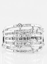 Load image into Gallery viewer, Delicately hammered in shimmer, dainty silver bars stack across the finger, coalescing into an airy band. Glittery white rhinestones dot the bands for a refined finish. Features a stretchy band for a flexible fit.  Sold as one individual ring.
