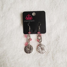 Load image into Gallery viewer, Shiny silver discs and translucent pink beads trickle down a shimmery silver chain, creating a bright and colorful lure. Earring attaches to a standard fishhook fitting.  Sold as one pair of earrings.  Always nickel and lead free.