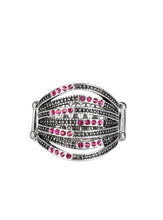 Load image into Gallery viewer, Dotted in sections of glittery pink rhinestones and shimmery silver studs, raised and lowered silver bars stack across the finger for an edgy layered look. Features a stretchy band for a flexible fit.  Sold as one individual ring.