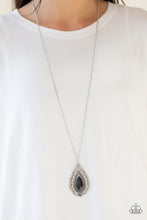 Load image into Gallery viewer, Chiseled into a tranquil teardrop, an earthy black stone is pressed into an ornate silver frame. The whimsical pendant swings from the bottom of a lengthened silver chain for a seasonal look. Features an adjustable clasp closure.  Sold as one individual necklace. Includes one pair of matching earrings.  Always nickel and lead free.