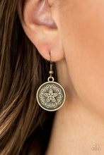 Load image into Gallery viewer, Embossed in a leafy floral pattern, a dainty brass frame swings from the ear in a seasonal fashion. Earring attaches to a standard fishhook fitting.  Sold as one pair of earrings.  Always nickel and lead free.
