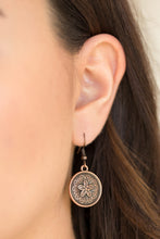 Load image into Gallery viewer, Embossed in a leafy floral pattern, a dainty copper frame swings from the ear in a seasonal fashion. Earring attaches to a standard fishhook fitting.  Sold as one pair of earrings.  Always nickel and lead free