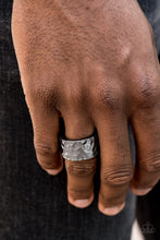 Load image into Gallery viewer, A thick gunmetal band has been hammered in shimmery detail for a metro inspired look. Features a stretchy band for a flexible fit.  Sold as one individual ring.  Always nickel and lead free. 