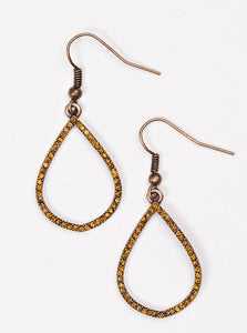 Encrusted in countless topaz rhinestones, a glittering teardrop swings from the ear for a timeless look. Earring attaches to a standard fishhook fitting.  Sold as one pair of earrings.